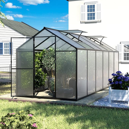 MUPATER 6 x 12 FT Outdoor Greenhouse, Polycarbonate Greenhouse with Aluminum Frame, Walk in Green House Plastic Kit Heavy Duty, W/ Lockable Door and Ajustable Roof Vent for Backyard, Garden, Grey