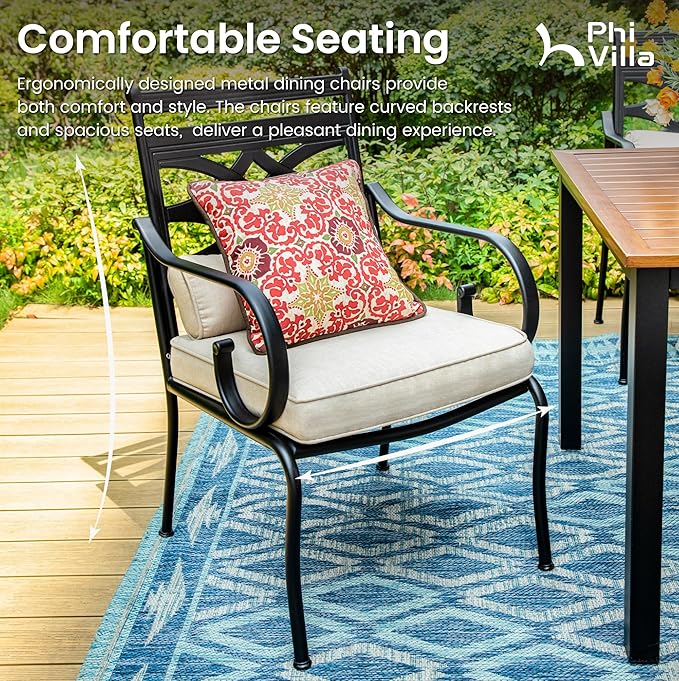 PHI VILLA 7 Pcs Patio Dining Set,Outdoor Table Chair Set for 6 with Outdoor Chairs and Metal Frame Steel Rectangular Table,Outdoor Dining Furniture with Cushion and Pillow for Garden Lawn Deck