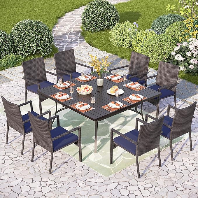 PHI VILLA 9 Pieces Square Outdoor Dining Set for 8, Large Metal Dining Table & Rattan Wicker Chairs with Cushions, Dining Furniture Set for Patio, Deck, Yard, Porch