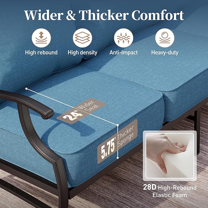 6 Piece Metal Outdoor Patio Furniture Set, Patio Conversation Set 1 3-Seater Sofa, 2 Rocking Chair, 2 Leg Chair with 5.75" Thick Cushion and Coffee Table, Backyard Furniture Set, Navy