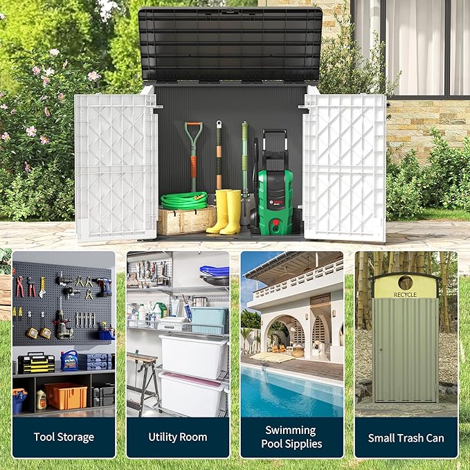 Light Gray Outdoor Resin Storage Shed 36 Cu. Ft. Garden Horizontal Storage Extra Large Capacity Weather Resistant Storage Box, Lockable Resin Waterproof Shed for Garbage Cans, Garden Tools