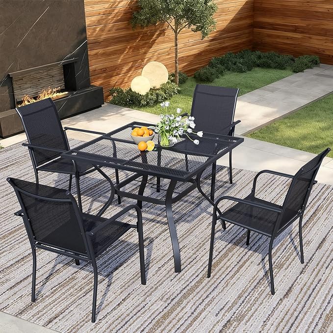 5 Pieces Sqaure Dining Table Set for 4, Patio Dining Set Includes 4 Black Stackable Patio Chairs and 1 Black Mesh Square Table, Patio Furniture Sets with Sling Support for Outside, Garden