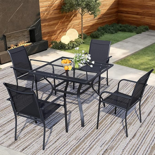 5 Pieces Sqaure Dining Table Set for 4, Patio Dining Set Includes 4 Black Stackable Patio Chairs and 1 Black Mesh Square Table, Patio Furniture Sets with Sling Support for Outside, Garden