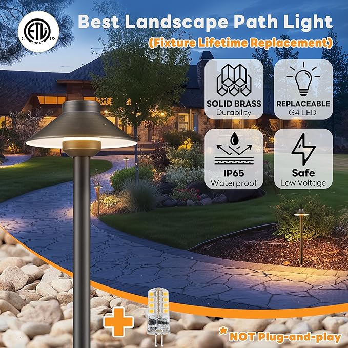 Gardenreet Brass Low Voltage Path Lights - 12V LED Landscaping Pathway Lamp IP65 Waterproof, Wired Walkway Lighting Outdoor, Bronze for Lawn Backyard with 3W 4000K Neutral White G4 Bulb (8 Pack)
