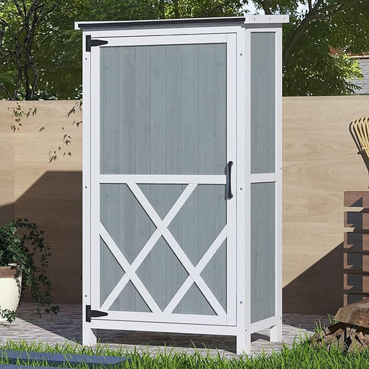 GDFStudio 54" Two-Tone Storage Shed Gray & White Design Outdoor Tool Storage House with Sloped Roof & 5 Customizable Compartments for Garden Patio Backyard, Gray