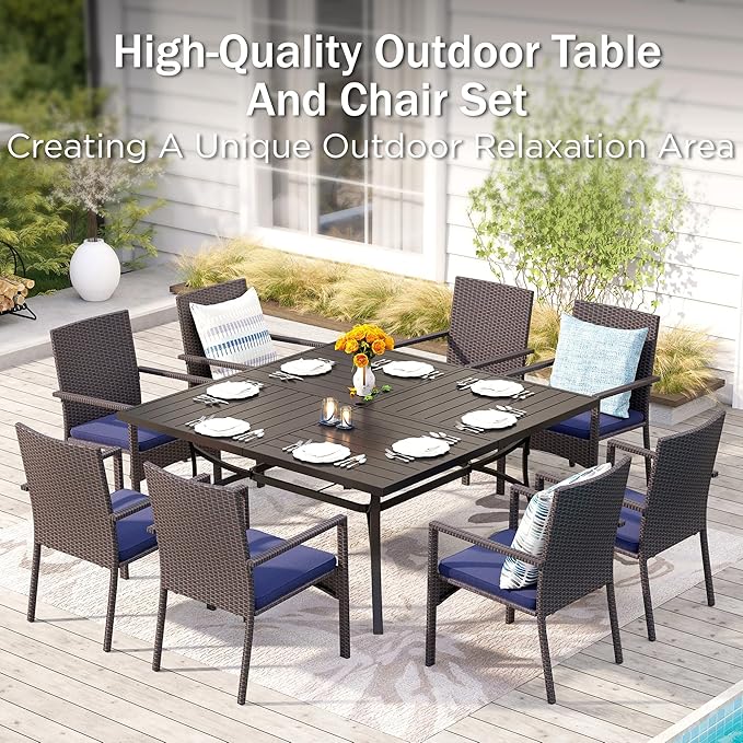 PHI VILLA 9 Pieces Square Outdoor Dining Set for 8, Large Metal Dining Table & Rattan Wicker Chairs with Cushions, Dining Furniture Set for Patio, Deck, Yard, Porch