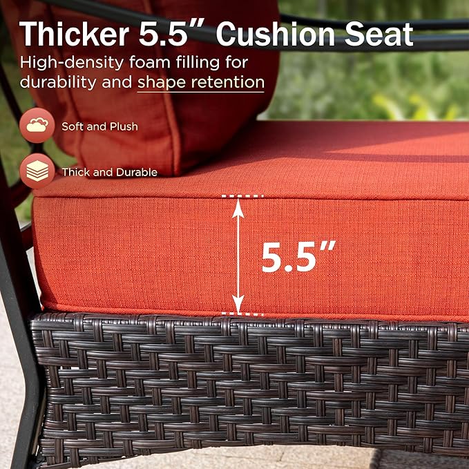 PHI VILLA Outdoor Porch Furniture Set, Upgraded Wicker&Metal Deep Seating Patio Furniture Conversation Set with Waterproof Thick Cushions for Balcony, Deck, and Yard (4 Pieces,Red)