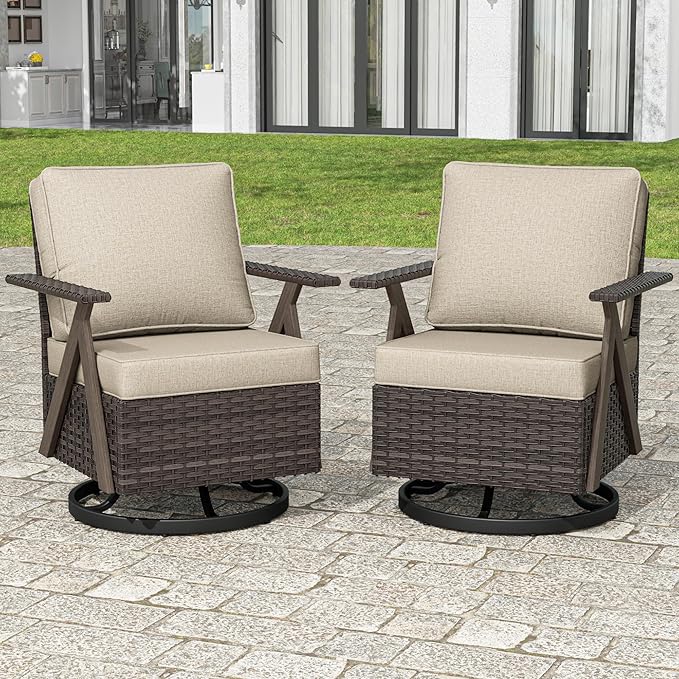 Outdoor Wicker Swivel Chairs Set of 2, Patio Furniture Set with 360 Degree Wicker Swivel Rocking Chairs with Metal Frame and Deep Seating