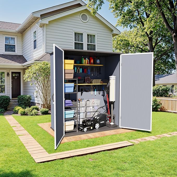 Greesum 5X3FT Plastic Outdoor Storage Shed with Floor, Resin Storaged Sheds with Lockable Door, All-Weather Tool Sheds for Garden, Backyard, Patio, Dark Gray (4.7×2.5FT)