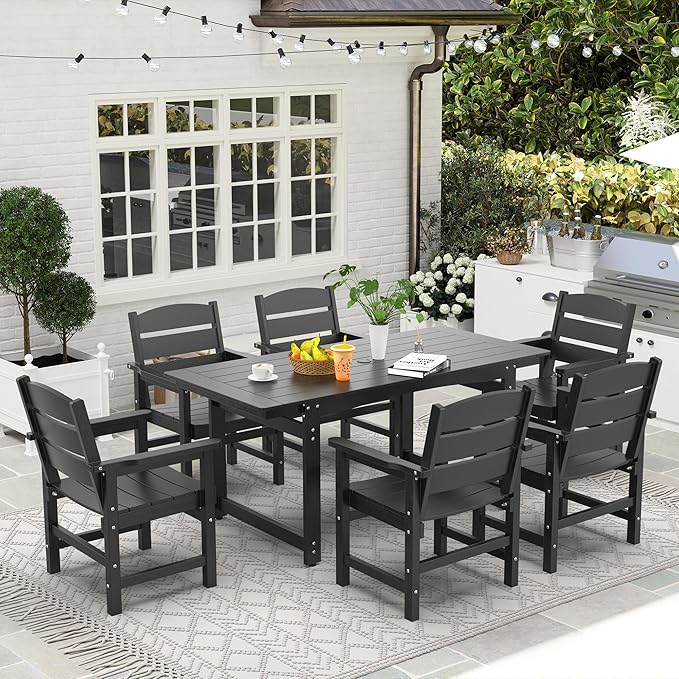 7-Piece HIPS Patio Dining Set, Outdoor Dining Table and Chairs Set with Umbrella Hole, Weatherproof Dining Table Set for 6 Person, Patio Furniture Set for Outside Deck, Black