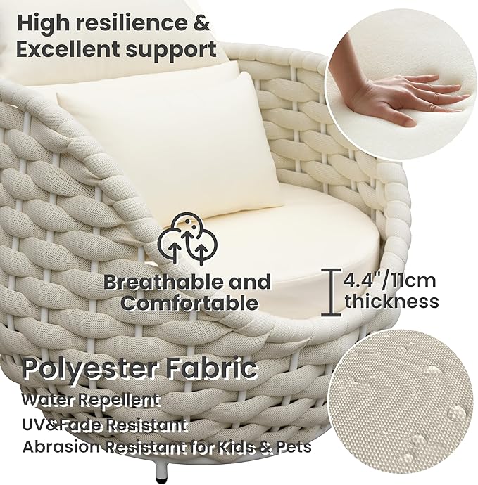 Patio Accent Chairs: Aluminum Porch Lounge Chair with Arms - Woven Rope Cushioned Armchair - Modern One Seater Sofa - Outdoor Deck Furniture for 400lbs Balcony Yard Garden Hotel, Beige