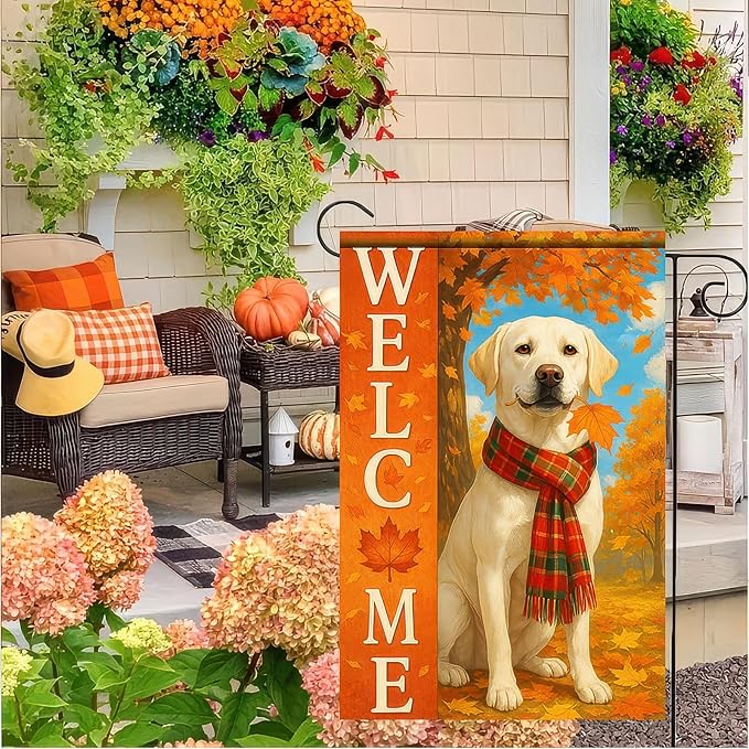 Thanksgiving Fall Garden Flag 12x18 Inch Welcome Labrador Retriever Dog Outdoor Flag Double Sided Autumn Yard Banner with Plaid Scarf and Leaves Decor for Porch L