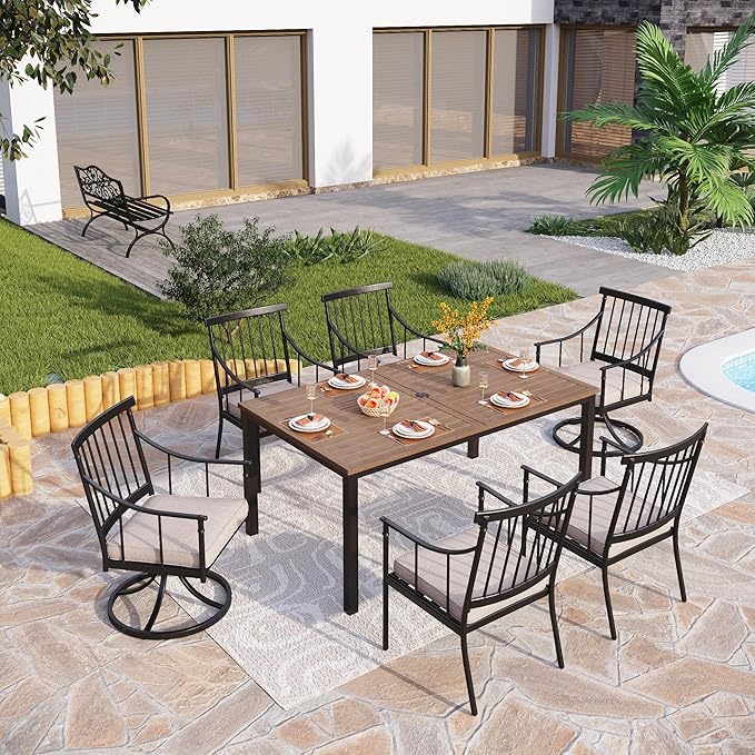 PHI VILLA 7 Pieces Outdoor Dining Set for 6, 65” Wood-Like Metal Rectangle Dining Table & Swivel Chairs with Cushions, Large Modern Dining Furniture Set for Patio, Deck, Porch, Backyard