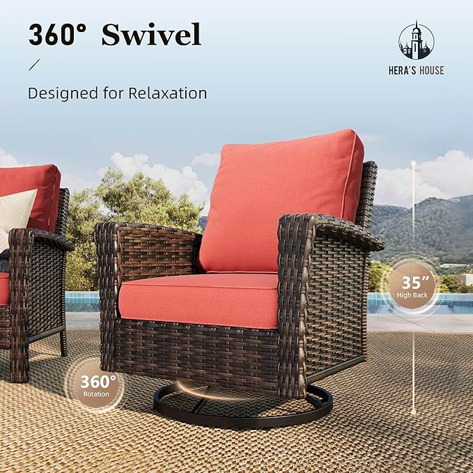 HERA'S HOUSE Red Patio Furniture Set, 8-Piece Outdoor Seating Conversation Sets with High Back Wicker Sofa, 4 x Swivel Chairs with 5.5" Thick Cushions, Fire Pit Table & Ottomans for Deck Yard Garden