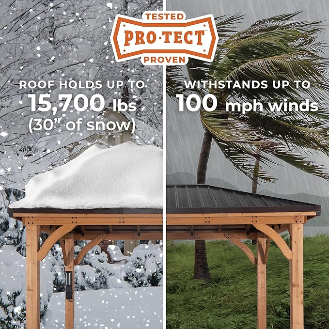 Backyard Discovery Barrington 24' x 12' Cedar Wood Outdoor Gazebo Pavilion with Hardtop Galvanized Steel Hip Roof, Snow Support, Wind Resistance, PowerPort, Shade for Garden, Patio, Deck, Entertaining