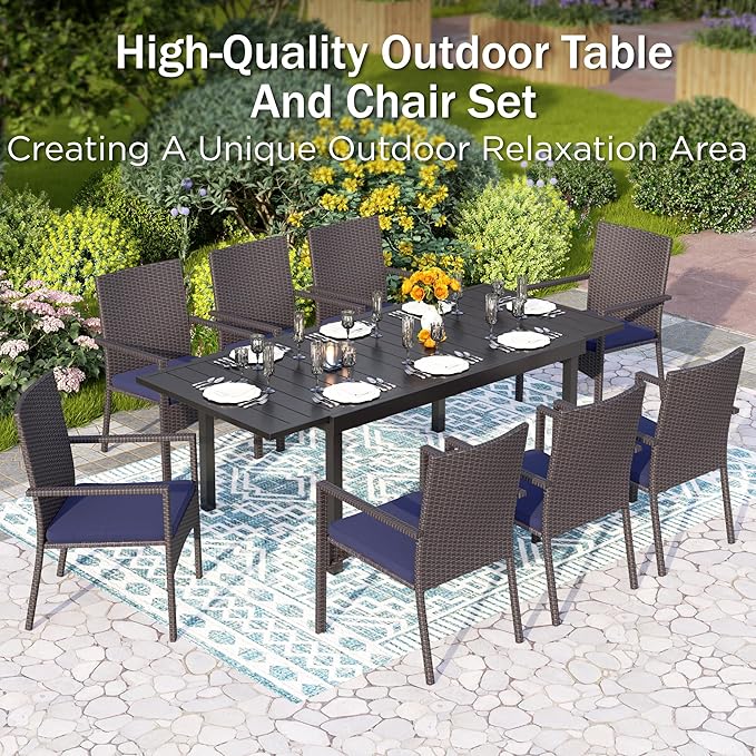 PHI VILLA 9 Piece Large Outdoor Dining Table Set for 8, Expandable Rectangular Steel Dining Table & Cushioned Rattan Wicker Chairs, Dining Furniture Set for Patio, Deck, Yard
