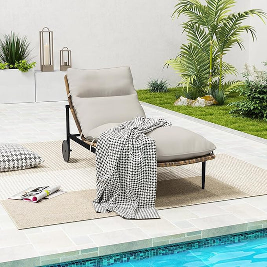 Chaise Lounge Chair Outdoor - PE Rattan Wicker Patio Pool Lounge Chair with Cushion and Wheels, Aluminum Waterproof Chaise Lounger for Poolside Backyard Deck Porch