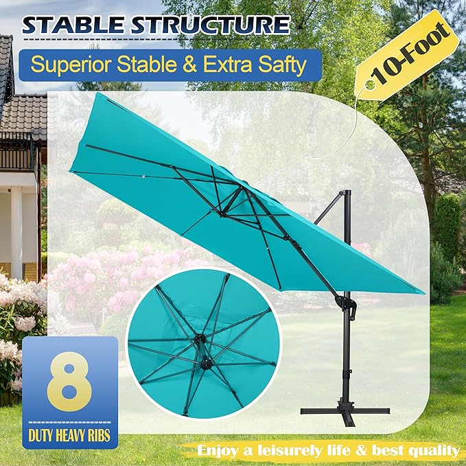 Sunnyglade 10x10Ft Cantilever Patio Umbrella Square 360° Rotation & Integrated Tilting System Offset Umbrella with 8 Sturdy Ribs, Fade-resistant & Waterproof for Garden Backyard Poolside Deck