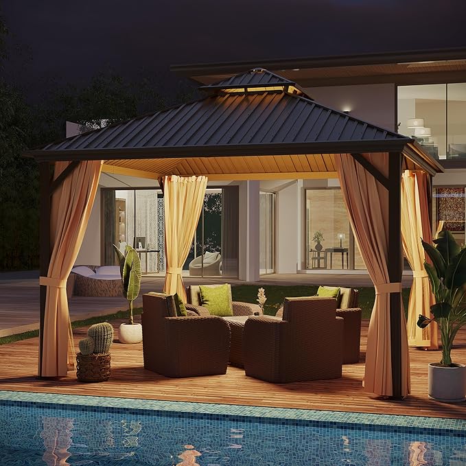 12'x12' Hardtop Gazebo, Outdoor Aluminum Patio Gazebo Double Roof Galvanized Steel Canopy with Netting and Curtains,for Garden Patio, Backyard, Deck and Lawns.