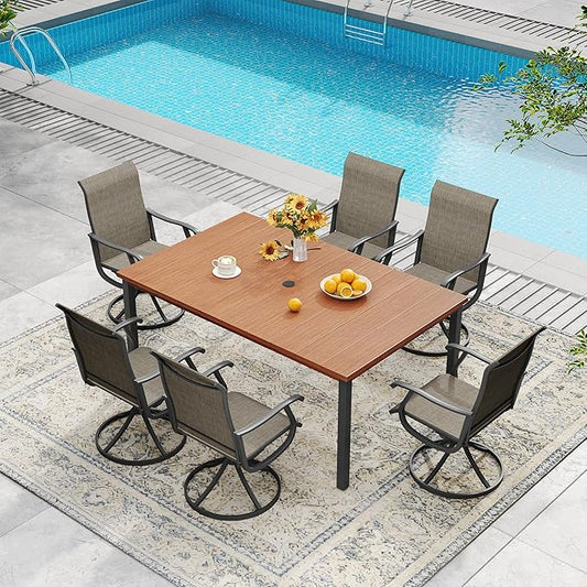 DIFY 7 Pieces Outdoor Patio Dining Set, 6 Brown Textilene Swivel Dining Chairs and 63" Walnut Rectangle Metal Dining Table, Outdoor Table and Chairs