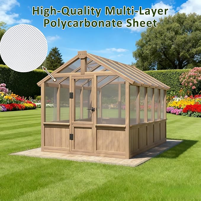 Greenhouse for Outdoor, 6x8ft-8x12ft Wooden WAK-in Greenhouse Kitwith 6MM Thick Polycarbonate Panel, Lockable Door & Adjustable Roof Vent ，Backyard Garden ﻿ (Light Mocha Brown, 6x10 FT)