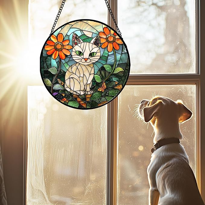 Stained Glass Window Hanging - White Cat Green Plants Orange Flowers Sun Catcher for Door Garden Home Decor Suncatcher Christmas Mother's Day Birthday Gifts for Women Men Mom Nana 7.8 in
