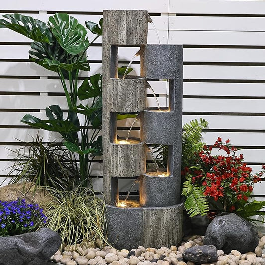 51" Outdoor Water Fountain Waterfall Fountain Outdoor Garden Water Feature Durable Resin Fiberglass with LED Lights, Pump, Natural Stones for Garden, Living Room, Patio