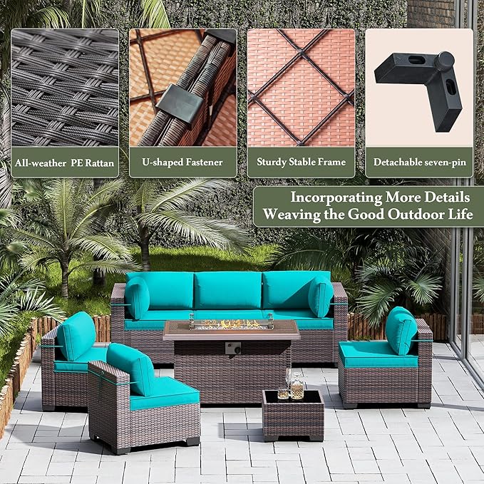 Outdoor Patio Furniture Sets with Propane Fire Pit Table, 10 Pieces Outdoor Furniture Patio Sectional Sofa Conversation Sets w/ETL Approved 43" Gas Outdoor Fire Table & Coffee Table (Turquoise)