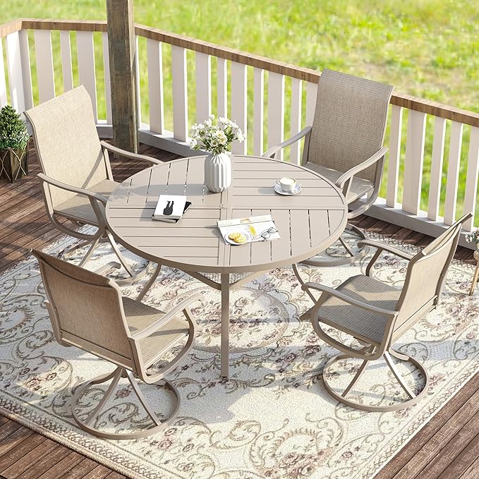 VICLLAX 5 Pieces Patio Dining Set for 4, Outdoor Furniture Set Includes 40.6" Square Outdoor Table and 4 Patio Swivel Chairs for Lawn Garden, Sandshell Tabletop and Fabric