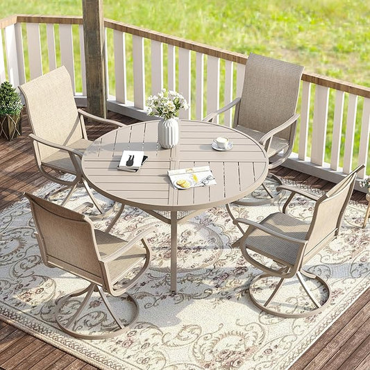 VICLLAX 5 Pieces Patio Dining Set for 4, Outdoor Furniture Set Includes 40.6" Square Outdoor Table and 4 Patio Swivel Chairs for Lawn Garden, Sandshell Tabletop and Fabric
