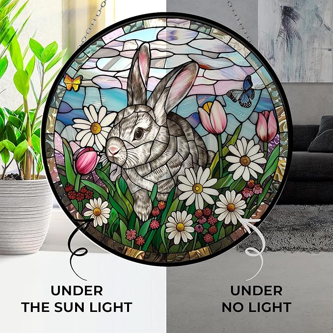 Bunny Stained Glass Suncatcher Four Season Theme Colorful Leaves Window Wall Hanging Ornament Hand-Painted Glass Panel Decor Gift for Women Christmas Thanksgiving Gift 6.3"