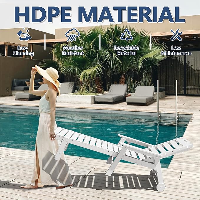 Patio Chaise Lounge Chair Set of 4, HDPE Outdoor Lounge Chairs with 5-Position Adjustable Backrest, Cup Holder and Wheels, 450lbs Capacity for Poolside Deck Backyard, All Weather Material(White)