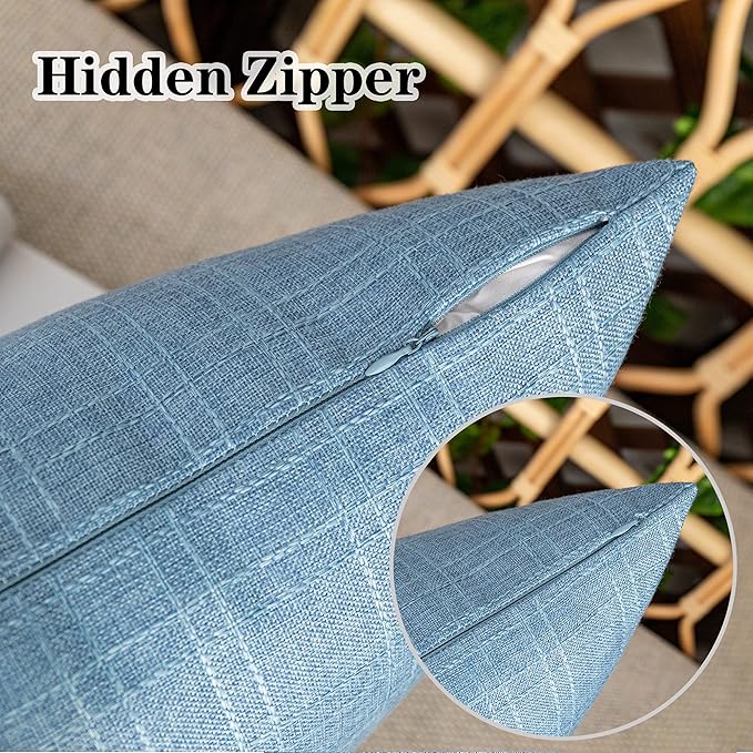 Kevin Textile Pack of 2 Outdoor Waterproof Pillow Covers Checkered Decorative Cushions Sham Throw Pillowcases Shell for Patio Tent Garden Couch Bed Sofa 22x22 Inch Light Blue