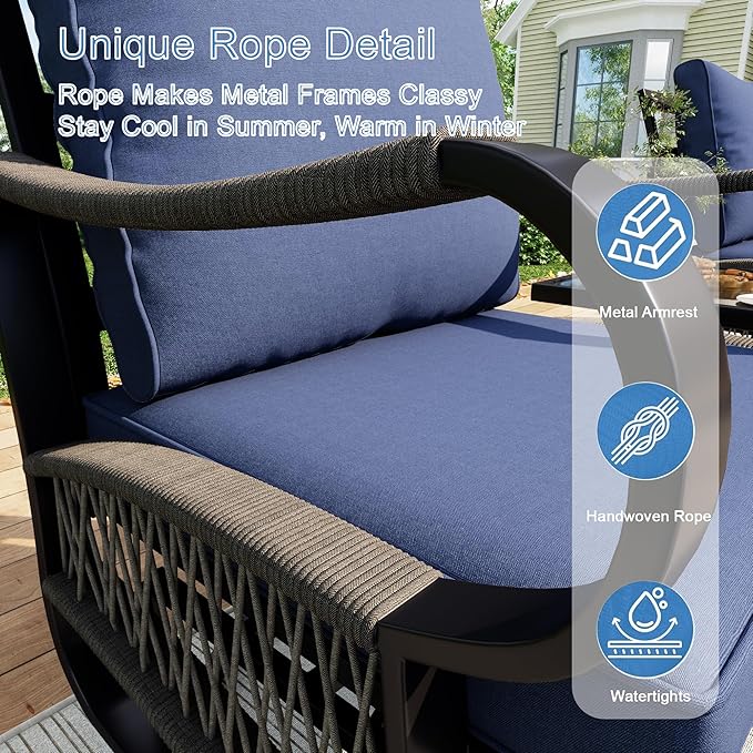 7 Pieces Modern Patio Furniture Set, All Weather Metal Outdoor Conversation Sets with Fire Pit Table for Backyard Garden Deck Porch Poolside, Blue