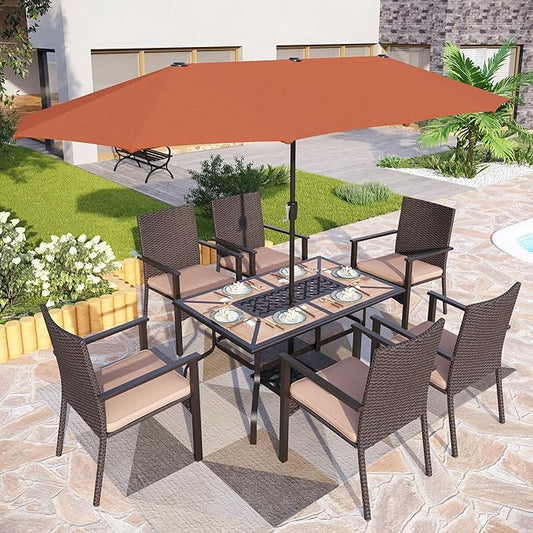 PHI VILLA 7 Pieces Outdoor Dining Set with Umbrella for 6, Rectangular Wood-Top Metal Table & Wicker Chairs with Cushions & 13ft Red Umbrella, Modern Dining Furniture Set for Patio,Deck,Backyard