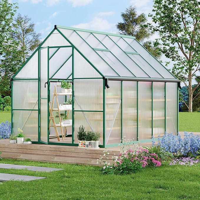 8X10 ft Polycarbonate Greenhouse with Aluminum Frame, Polycarbonate Greenhouse for Outdoors, Greenhouses with Ventilation and Rain Gutter, Aluminum Large Walk-in Greenhouses for Outside