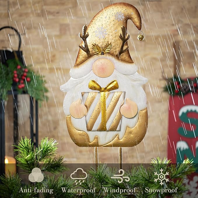 TERESA'S COLLECTIONS Gnome Christmas Decorations,Metal Gold White Santa Holding Gifts,Christmas Gnome Statue for Garden Indoor Outdoor,Decorative Yard Art Sign for Lawn Xmas New Year Winter Decor,24"