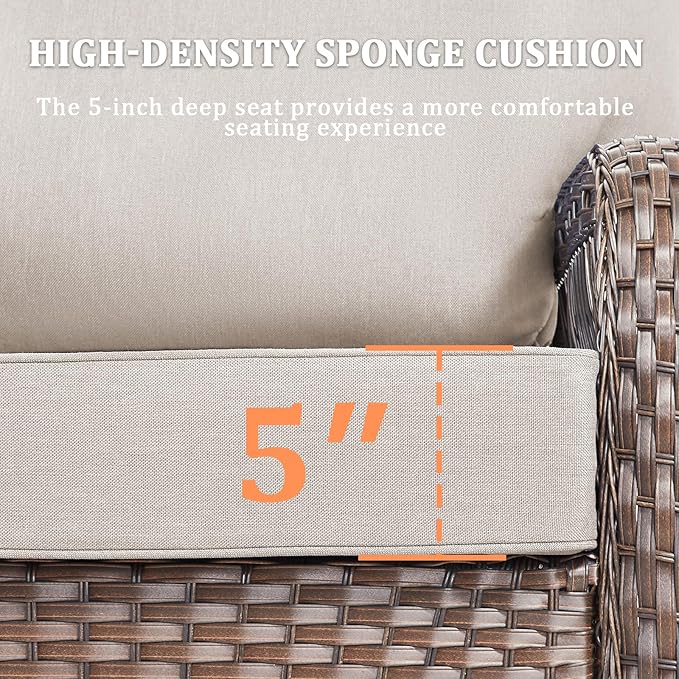 6 Pieces Patio Furniture Set Outdoor Sectional Sofa Couch with Rocking Swivel Chairs 5" Deep Seat Chairs, Modern Wicker Rattan Conversation Set, Beige/Brown Wicker