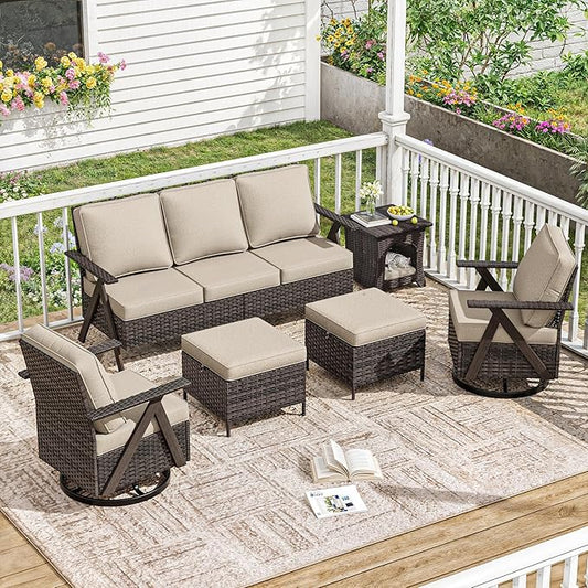 6 Piece Patio Furniture Set, Wicker Patio Conversation Set with Swivel Glider Chair and Outdoor 3-Seater Sofa and 2 Ottomans and Side Table for Deck Yard and Poolside