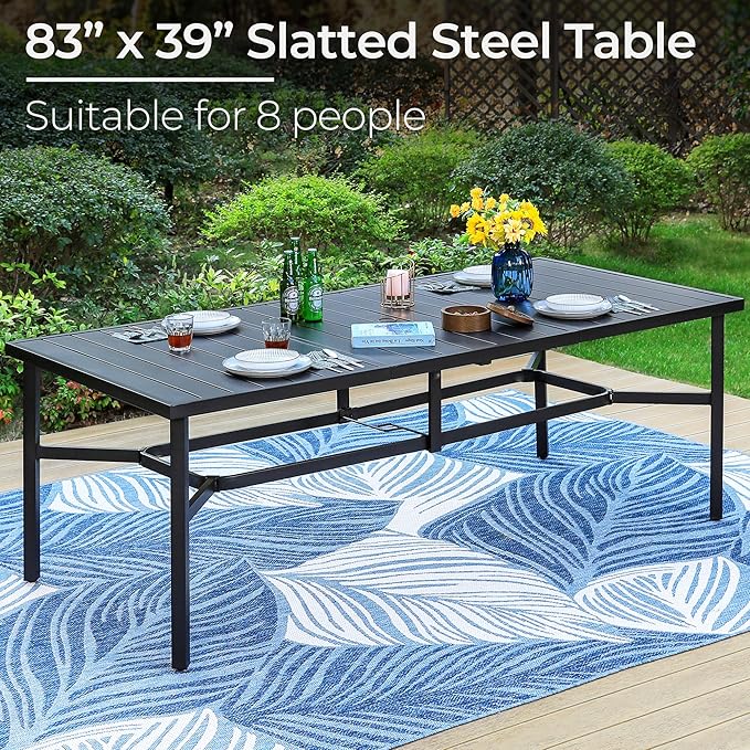 PHI VILLA 9 Pieces Outdoor Dining Set for 8, Large Rectangular Metal Table with Umbrella Hole & Stackable Wrought Iron Chairs, Dining Furniture for Patio, Deck, Yard, Porch