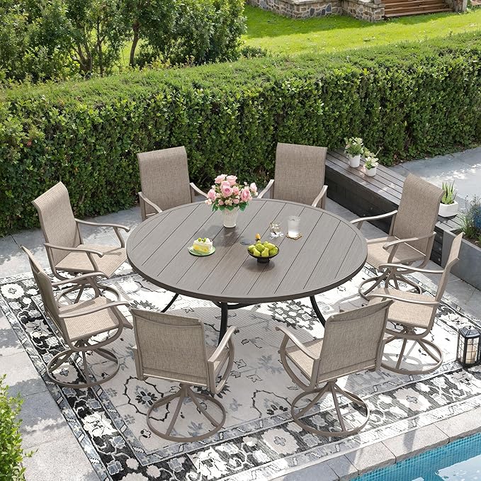 DIFY 9 Pieces Outdoor Patio Dining Set, 8 Sandshell Textilene Swivel Dining Chairs and 60" Grey Wood-Like Round Metal Dining Table, Outdoor Table and Chairs