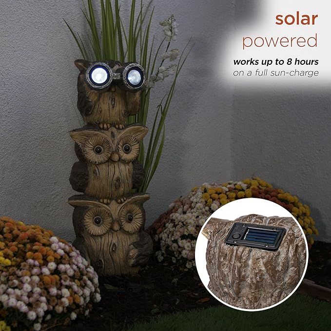 Alpine Corporation 25" Tall Outdoor Solar Powered Binocular Owls Yard Statue with LED Lights