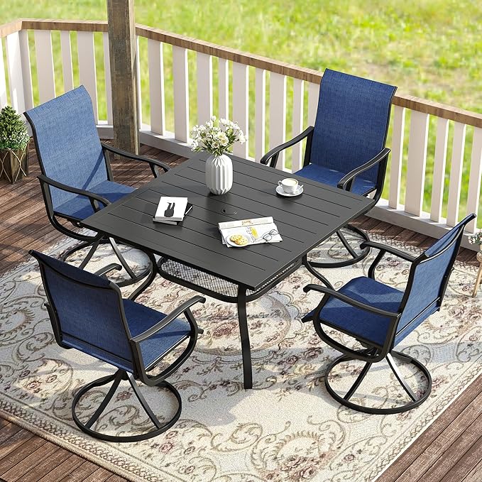 VICLLAX 5 Pieces Patio Dining Set for 4, Outdoor Furniture Set Includes 37.8" Square Outdoor Table and 4 Patio Swivel Chairs for Lawn Garden, Black Tabletop and Blue Fabric