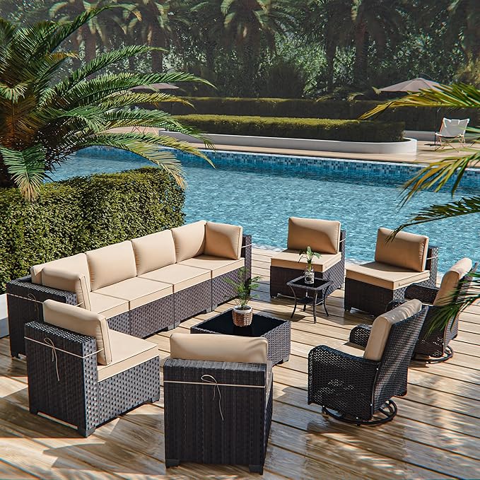 12 Pcs Outdoor Patio Furniture Set Outdoor Furniture All Weather Patio Sectional Sofa PE Wicker Modular Conversation Sets with Coffee Table, Swivel Rocking Chair (Sand)