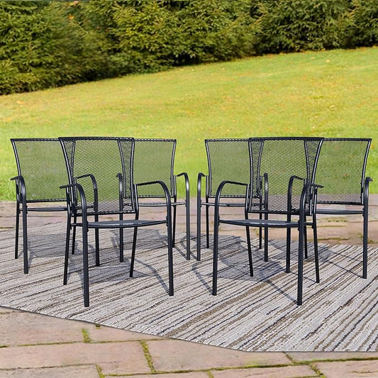Outdoor Metal Patio Chairs Set of 6, Stackable Iron Mesh Dining Chairs with Armrests, All-Weather Bistro Chairs for Garden, Backyard, Porch, or Balcony