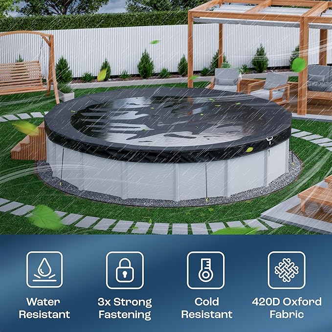 Yankee Diamond Series Pool Covers for Above Ground Pools | All-Weather Windproof Light 21ft Round Pool Cover w/ 12 Screw-In Pegs, 12 Ropes | 3 Mounting Methods, Strong Fastenings for Triple Protection