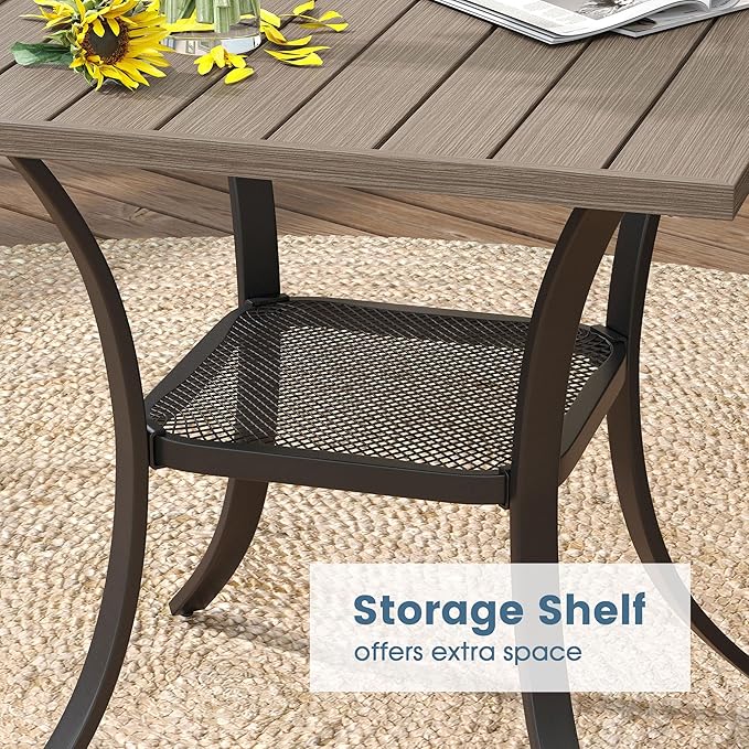 DIFY 3 Pieces Outdoor Patio Dining Set for 2, 27.6" Small Grey Wood-Like Walnut Square Metal Dining Table and 2 Grey Textilene Swivel Dining Chairs, Outdoor Table and Chairs