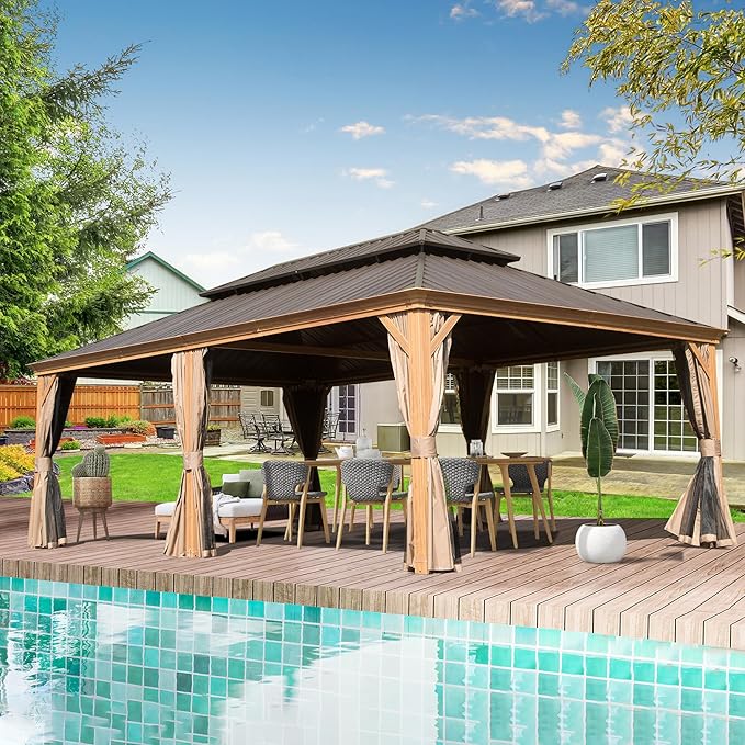 Domi 14' X 22' Hardtop Gazebo Outdoor Metal Gazebo Canopy with Galvanized Steel Double Roof, Wood Grain Aluminum Frame, Curtains and Netting for Patio, Deck, Garden