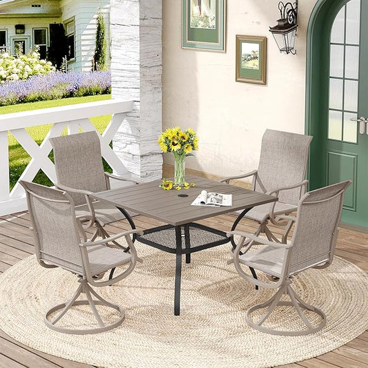 DIFY 5 Pieces Outdoor Patio Dining Set for 4, 37.8" Grey Wood-Like Metal Square Dining Table and 4 Sandshell Textilene Patio Swivel Chairs, Outdoor Table and Chairs