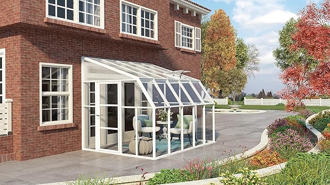 Palram Canopia Rion Sun Room 8 Ft. x 10 Ft. Solarium, Lean-to Greenhouse DIY Kit, Attach to House, Large Twin Wall Polycarbonate, 100% UV Protection for Porch, Patio Outdoors with Window Vent (White)